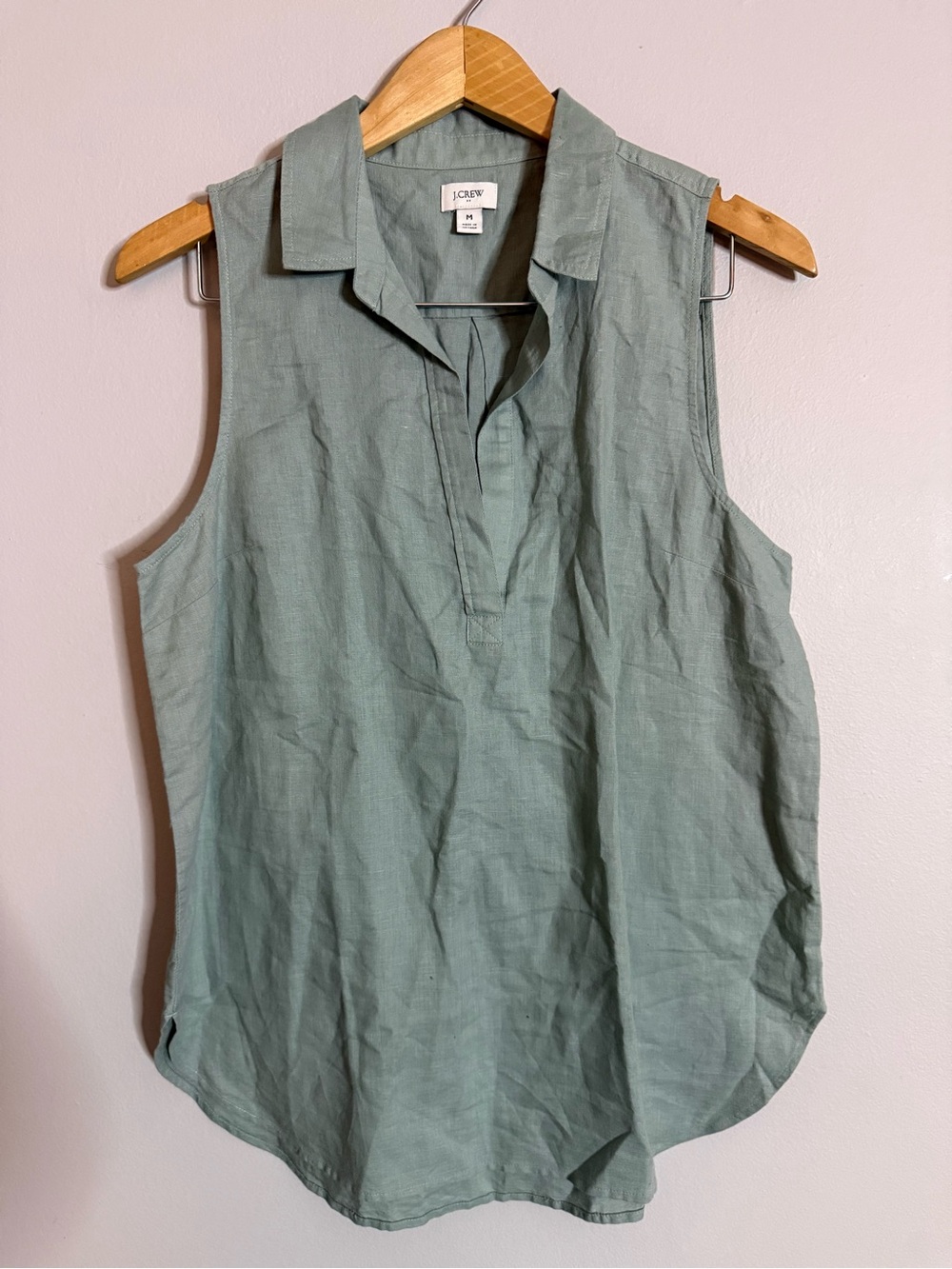 J. Crew Linen Sleeveless Collared Top in Light Sage